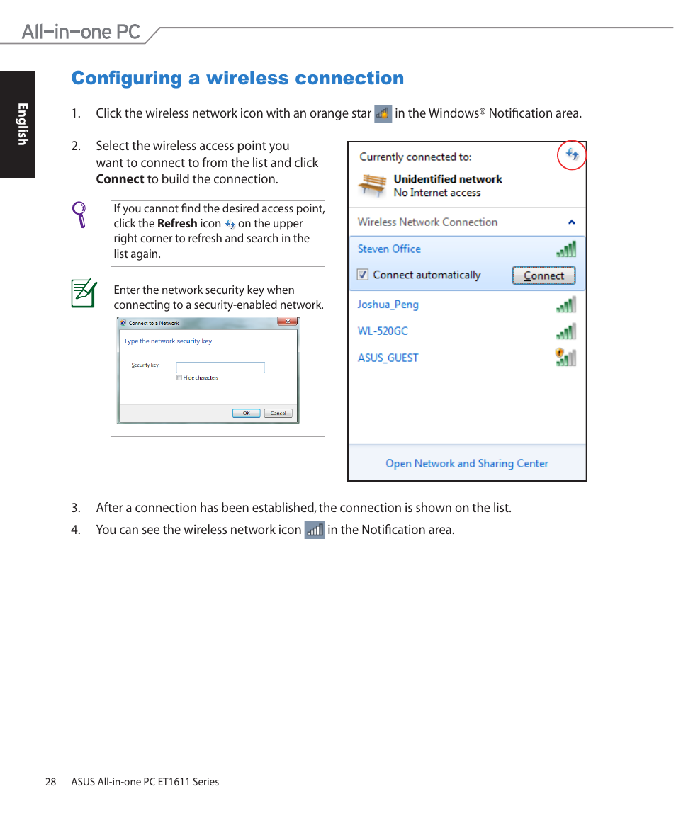 Configuring a wireless connection | Asus ET1611PUT User Manual | Page 28 / 38