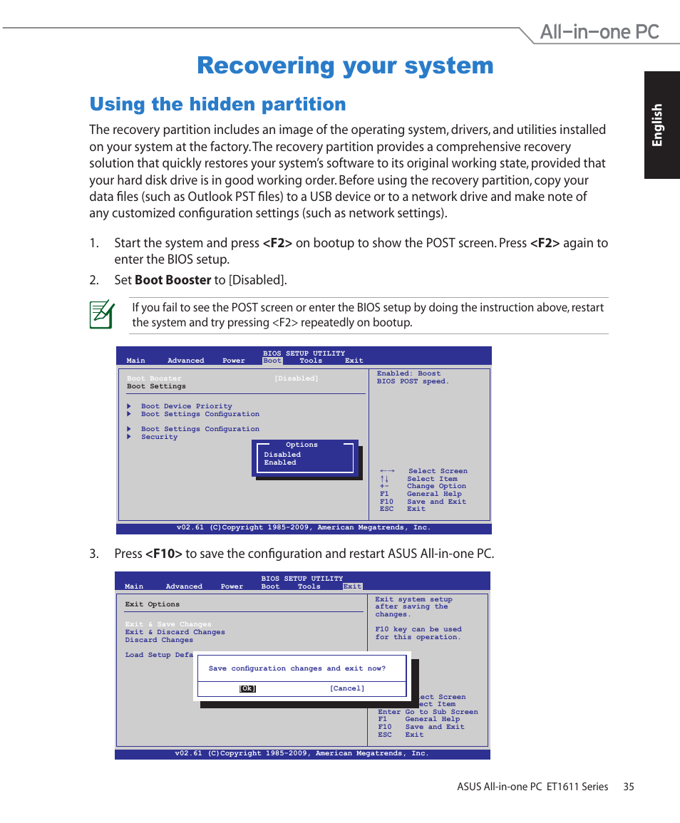 Recovering your system, Using the hidden partition, English | Asus ET1611PUT User Manual | Page 35 / 38