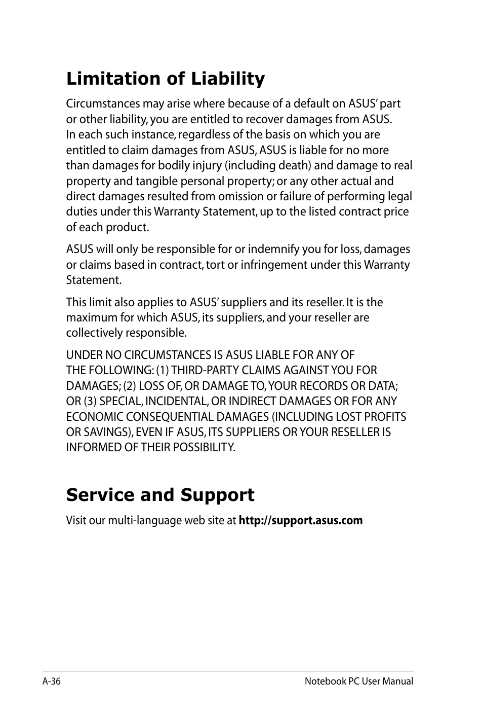 Limitation of liability, Service and support | Asus X4LSM User Manual | Page 100 / 100