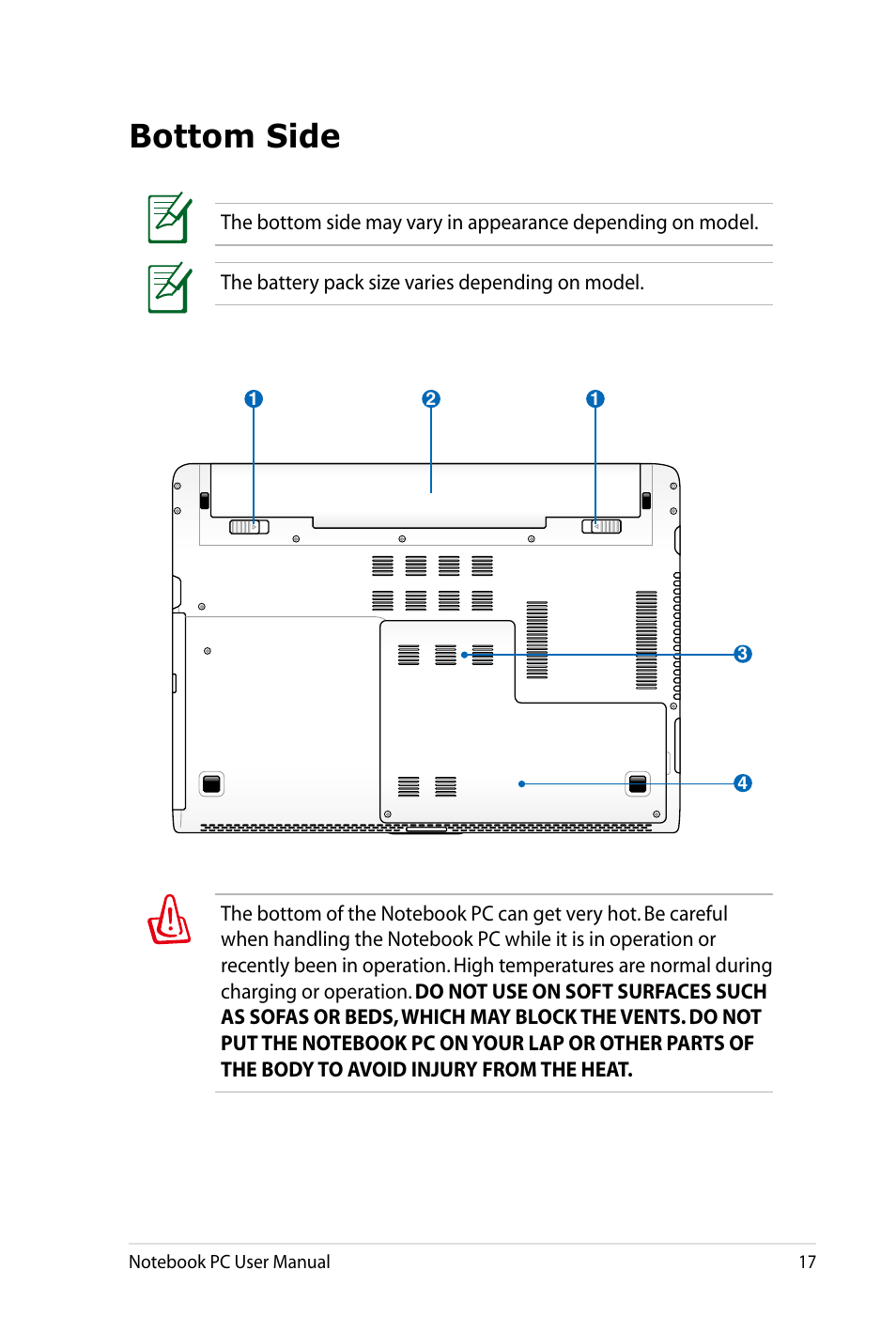 Bottom side | Asus X4LSM User Manual | Page 17 / 100