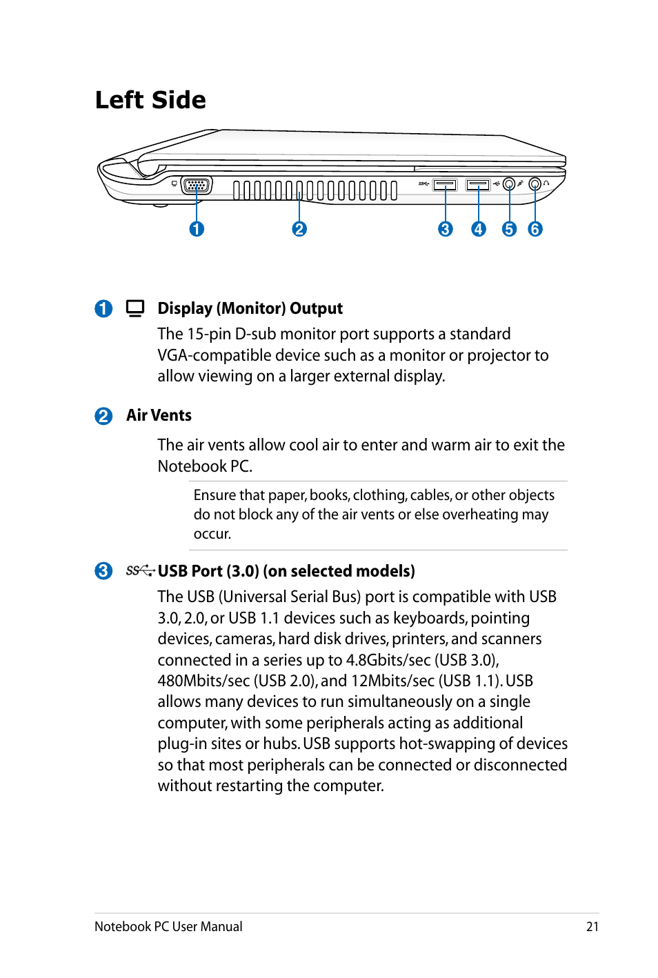 Left side | Asus X4LSM User Manual | Page 21 / 100