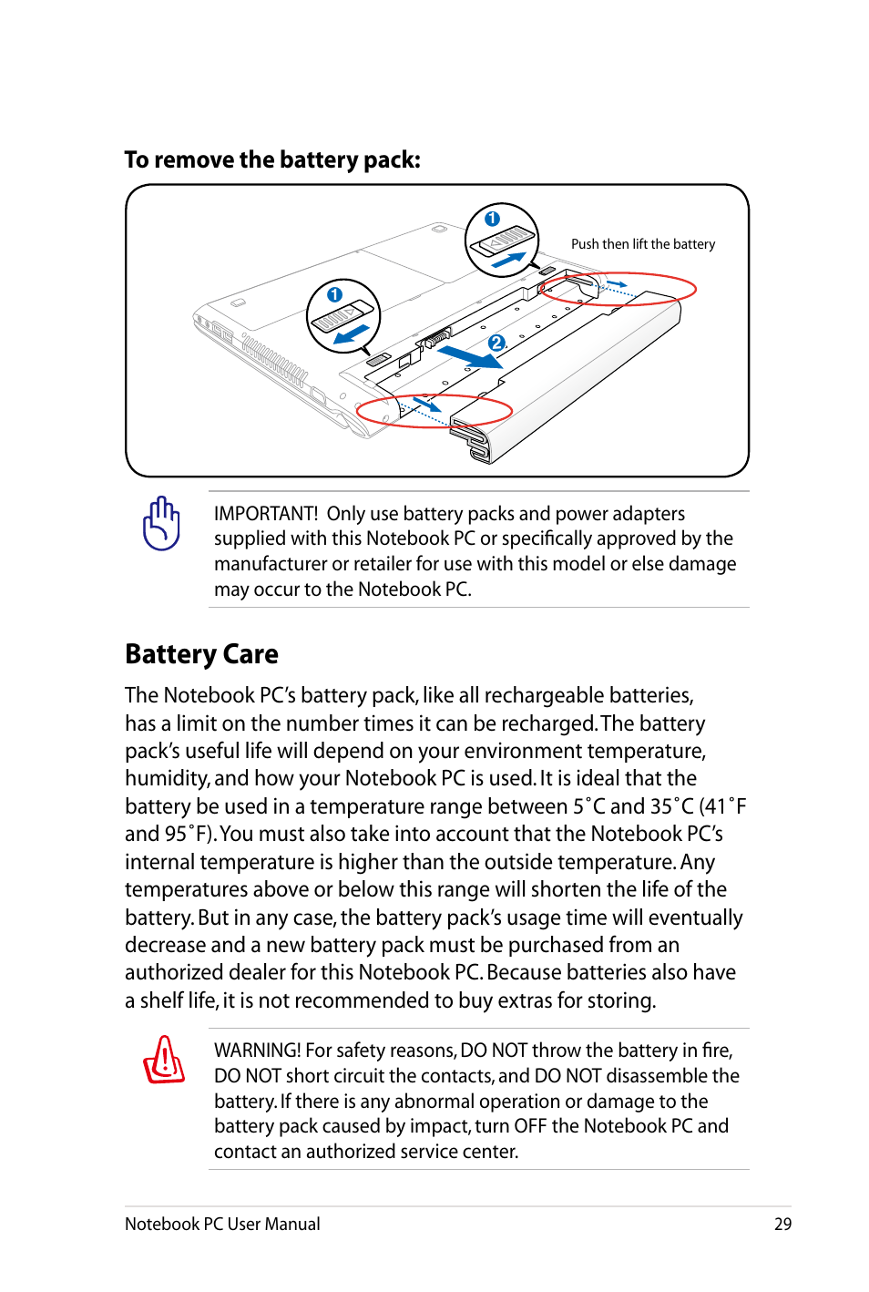 Battery care | Asus X4LSM User Manual | Page 29 / 100