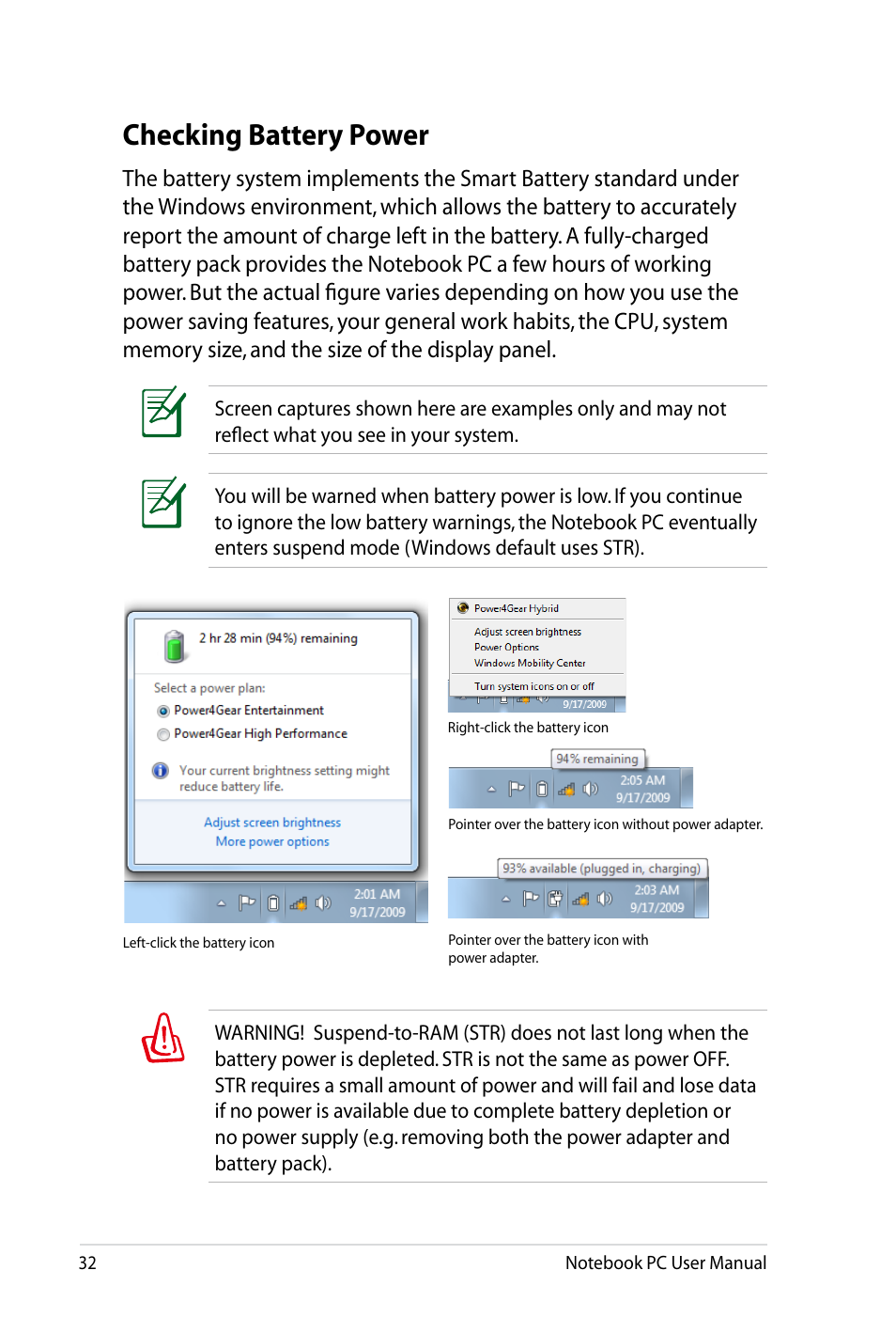 Checking battery power | Asus X4LSM User Manual | Page 32 / 100