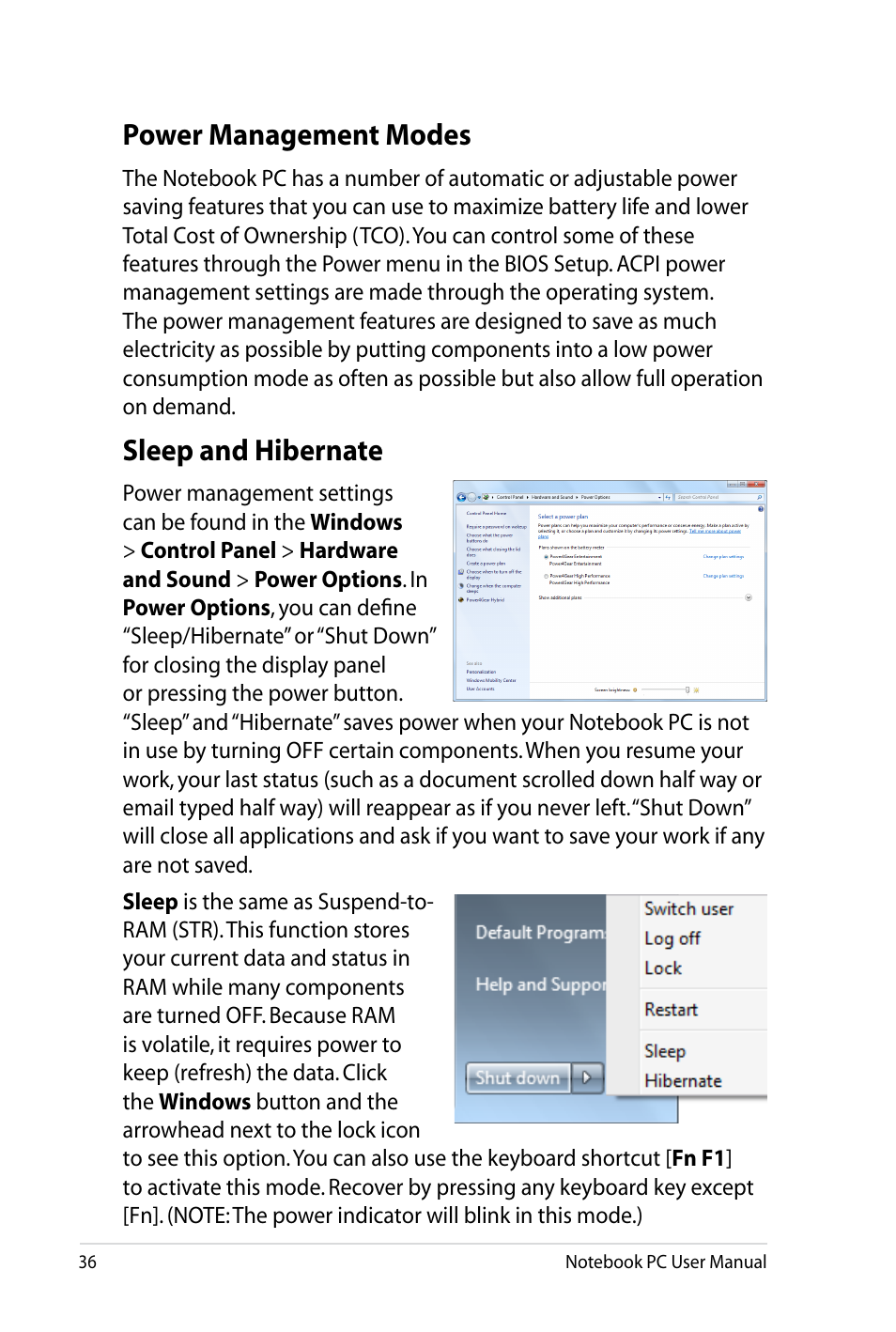 Power management modes, Sleep and hibernate | Asus X4LSM User Manual | Page 36 / 100