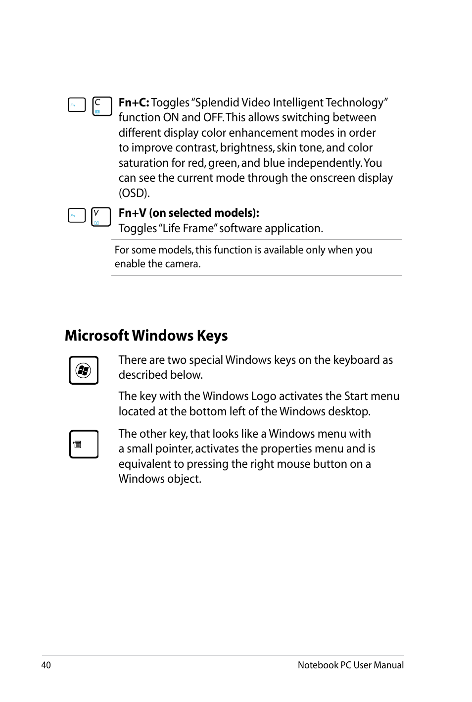 Microsoft windows keys | Asus X4LSM User Manual | Page 40 / 100