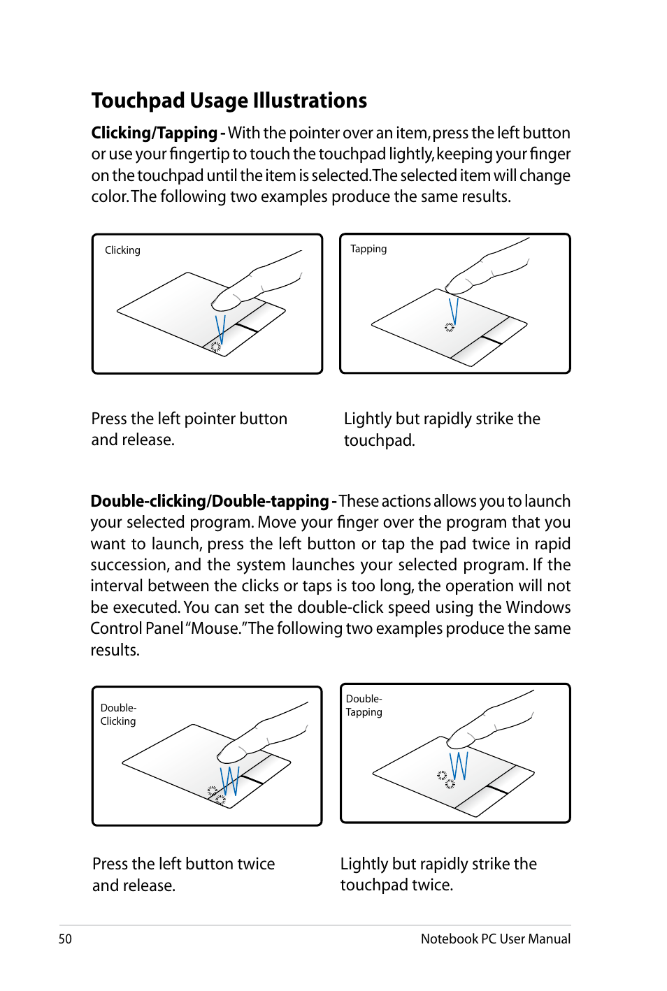 Touchpad usage illustrations | Asus X4LSM User Manual | Page 50 / 100