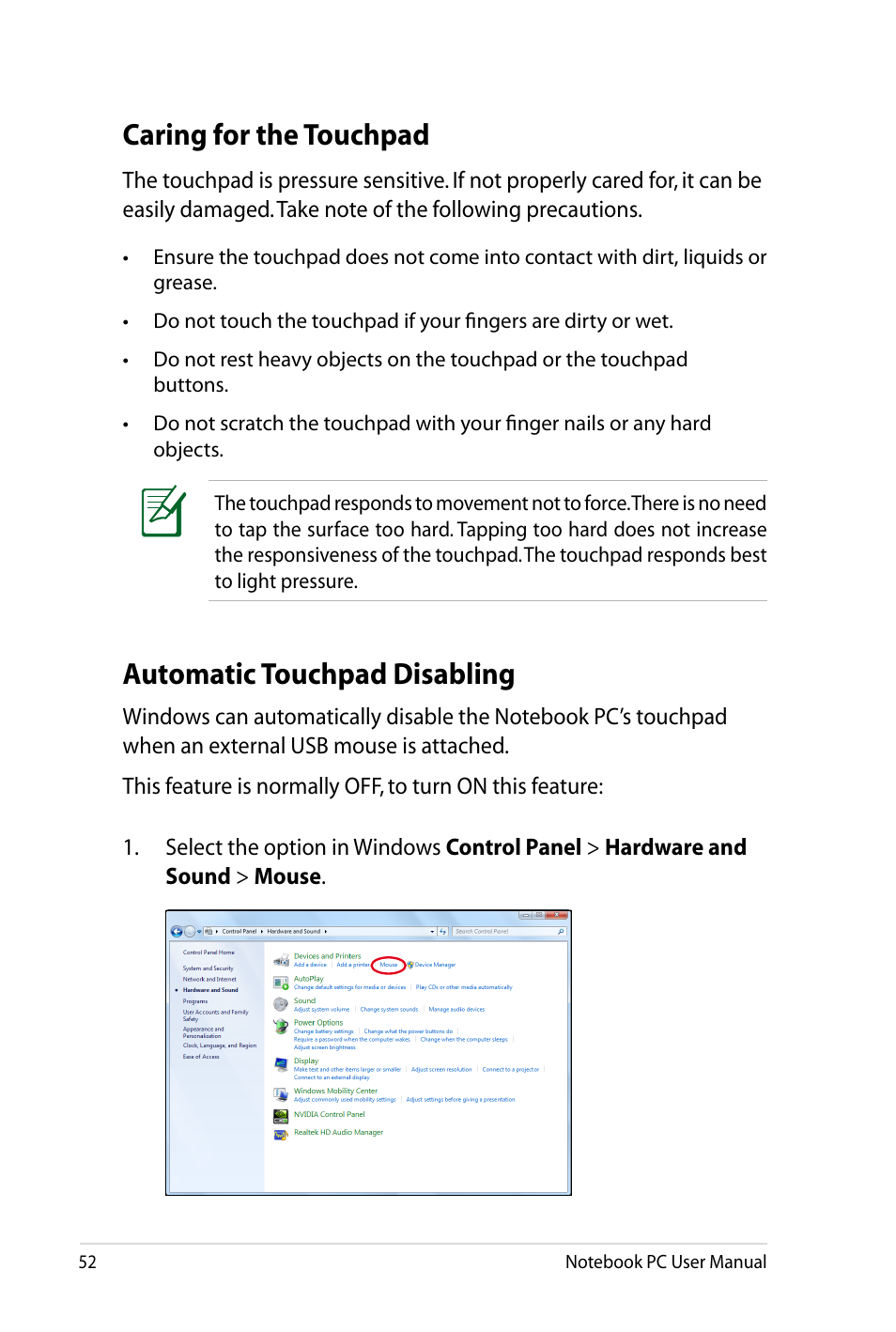 Caring for the touchpad, Automatic touchpad disabling | Asus X4LSM User Manual | Page 52 / 100