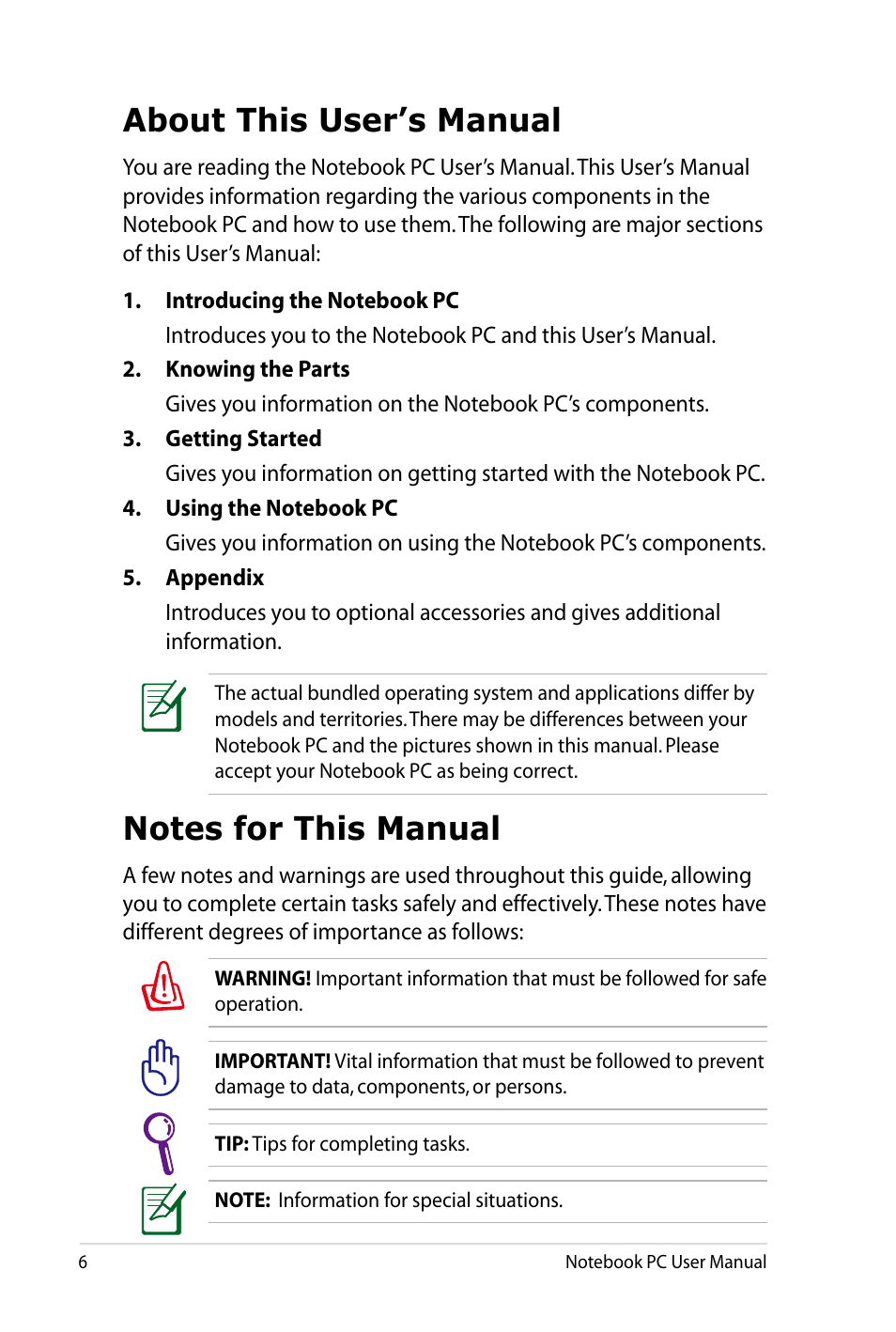 About this user’s manual, Notes for this manual | Asus X4LSM User Manual | Page 6 / 100