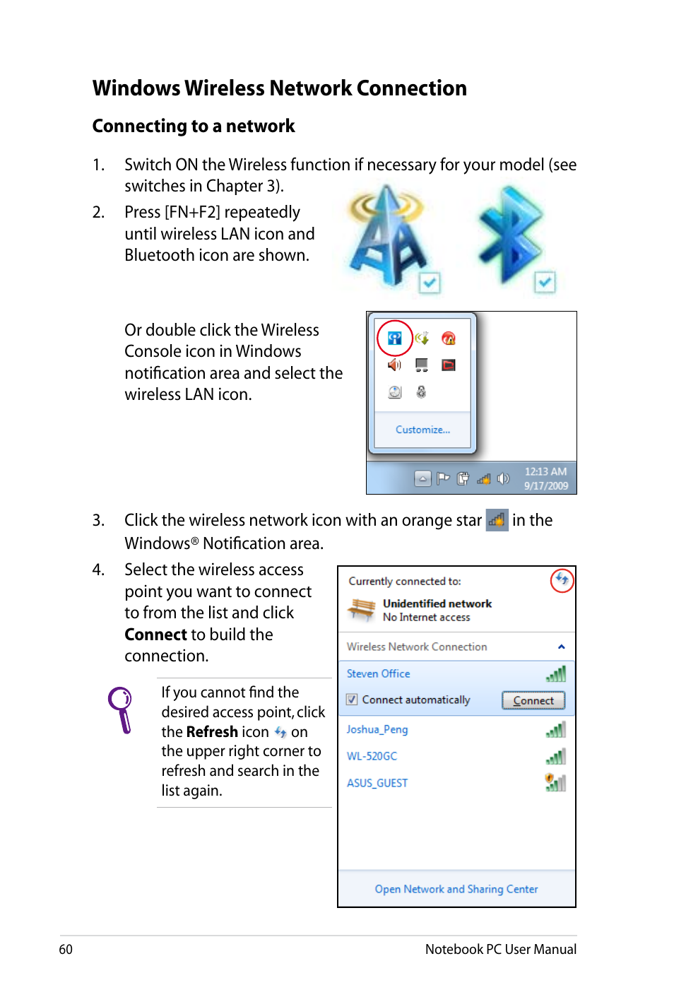 Windows wireless network connection | Asus X4LSM User Manual | Page 60 / 100