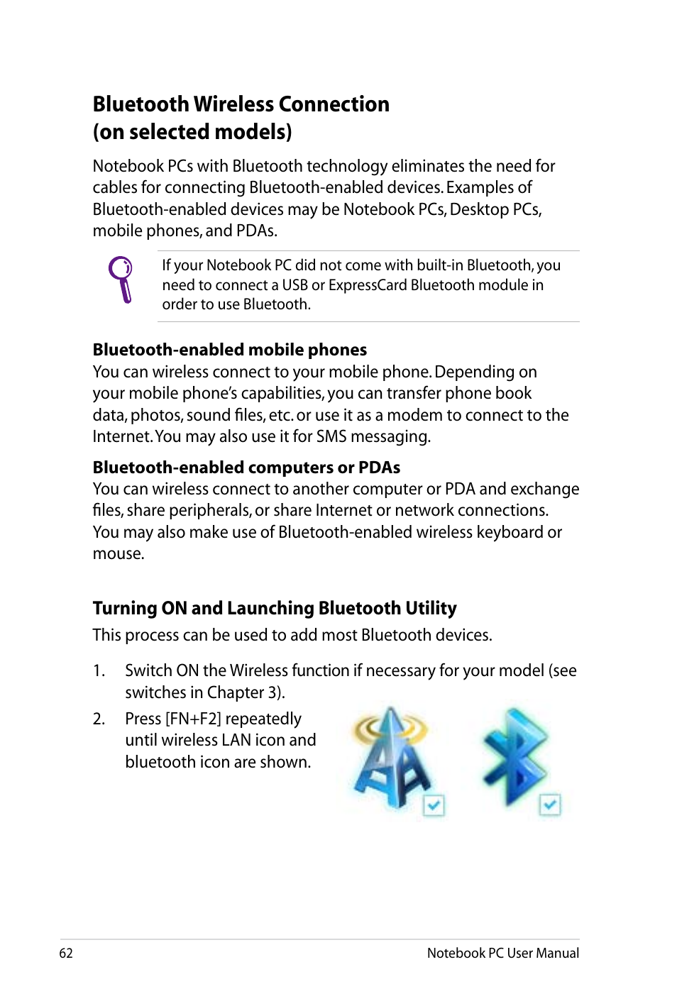 Bluetooth wireless connection(on selected models), Bluetooth wireless connection (on selected models) | Asus X4LSM User Manual | Page 62 / 100