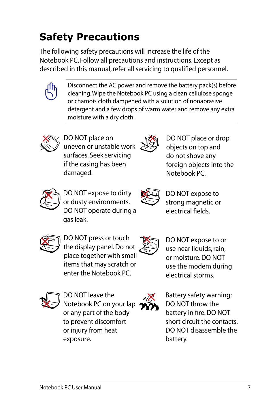 Safety precautions | Asus X4LSM User Manual | Page 7 / 100