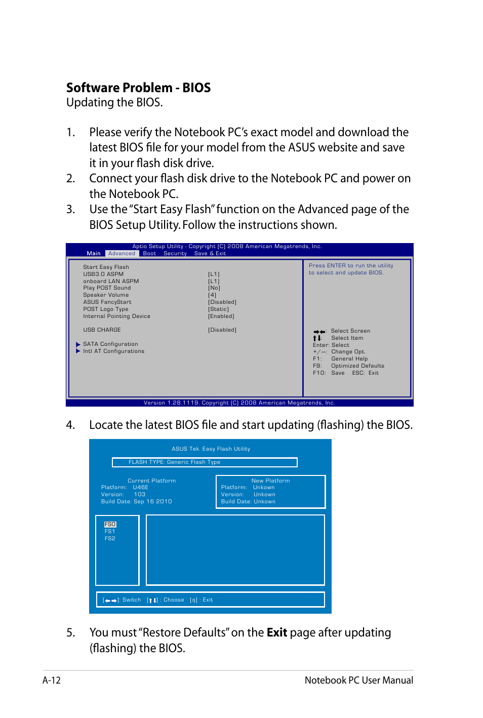 Software problem - bios | Asus X4LSM User Manual | Page 76 / 100