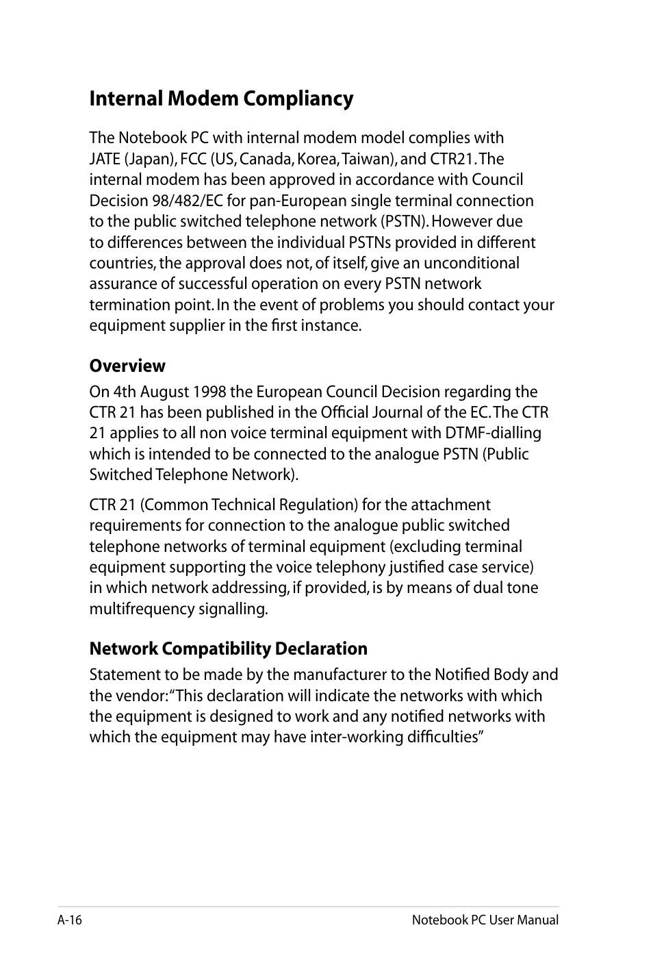 Internal modem compliancy | Asus X4LSM User Manual | Page 80 / 100