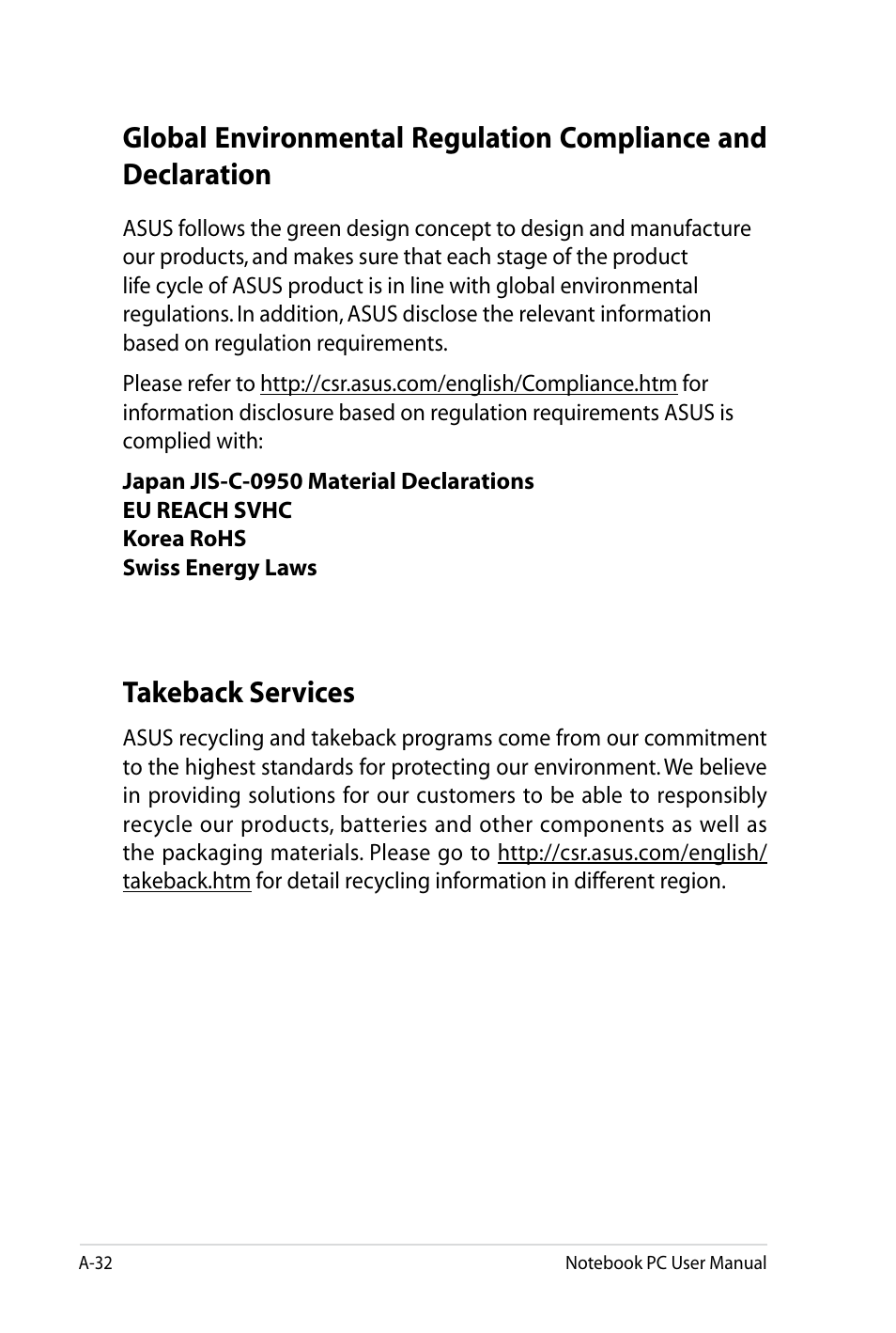 Takeback services | Asus X4LSM User Manual | Page 96 / 100