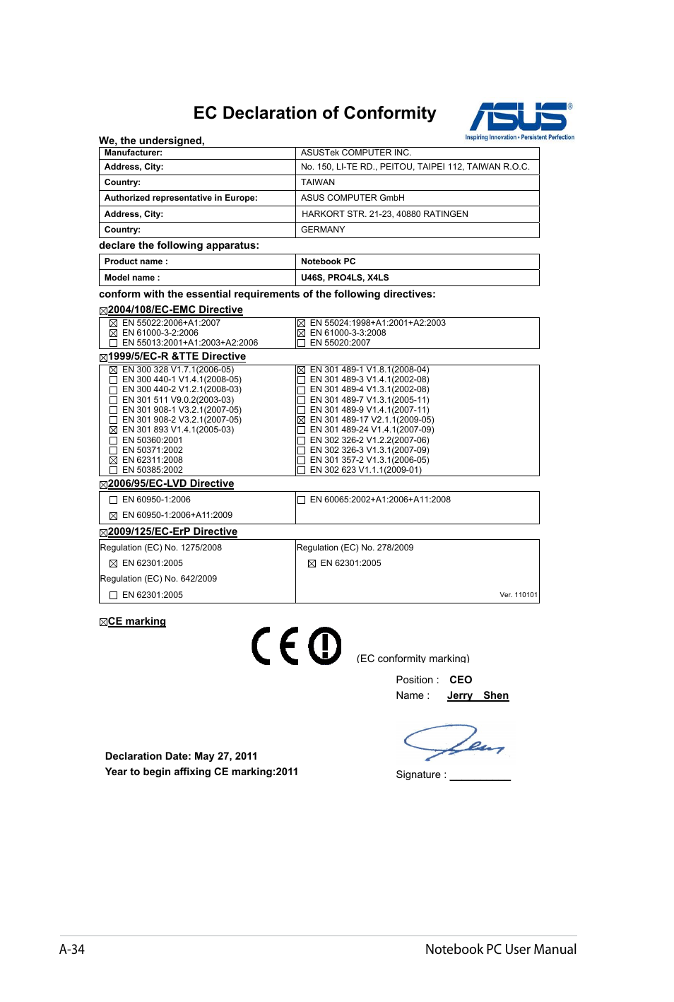 Ec declaration of conformity | Asus X4LSM User Manual | Page 98 / 100