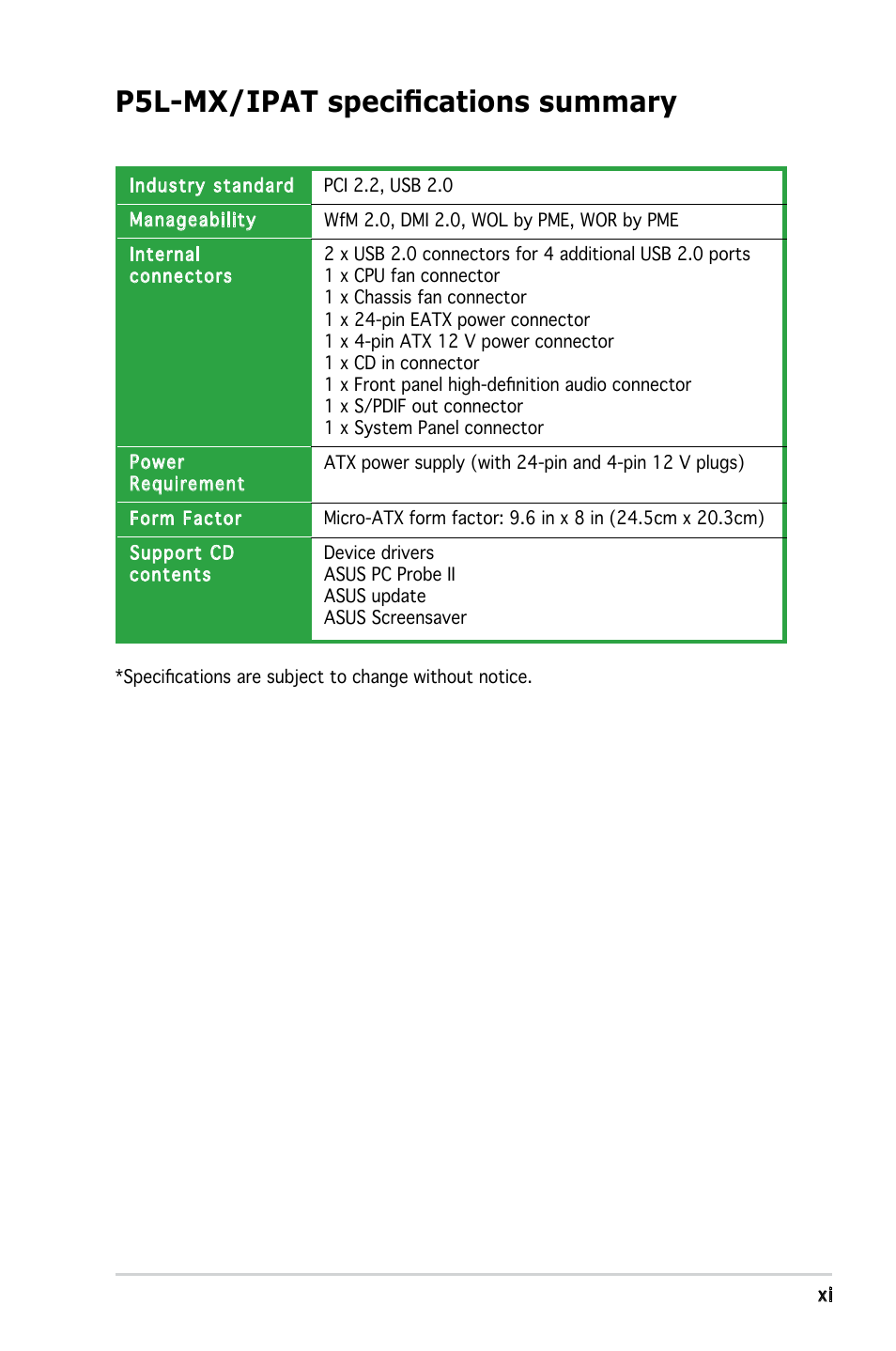 P5l-mx/ipat specifications summary | Asus P5L-MX/IPAT User Manual | Page 11 / 78