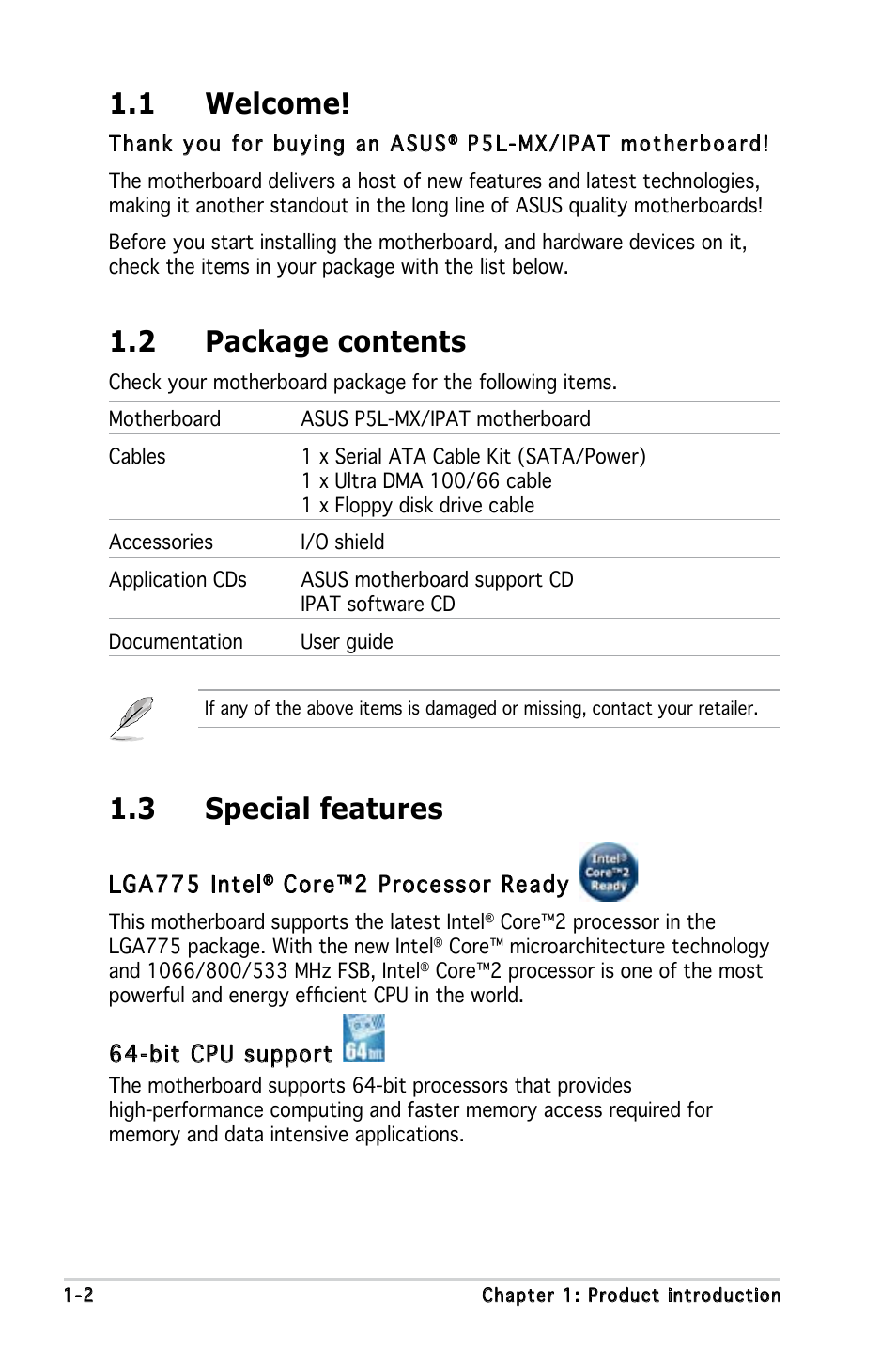 1 welcome, 2 package contents, 3 special features | Asus P5L-MX/IPAT User Manual | Page 14 / 78