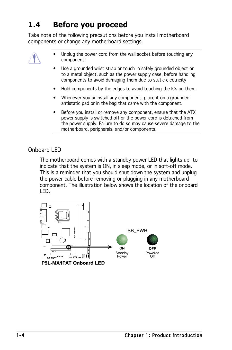 4 before you proceed, Onboard led | Asus P5L-MX/IPAT User Manual | Page 16 / 78