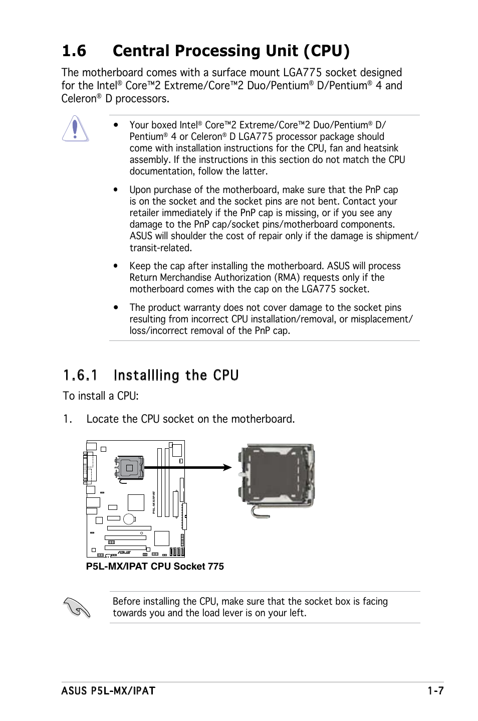 6 central processing unit (cpu), 1 installling the cpu | Asus P5L-MX/IPAT User Manual | Page 19 / 78