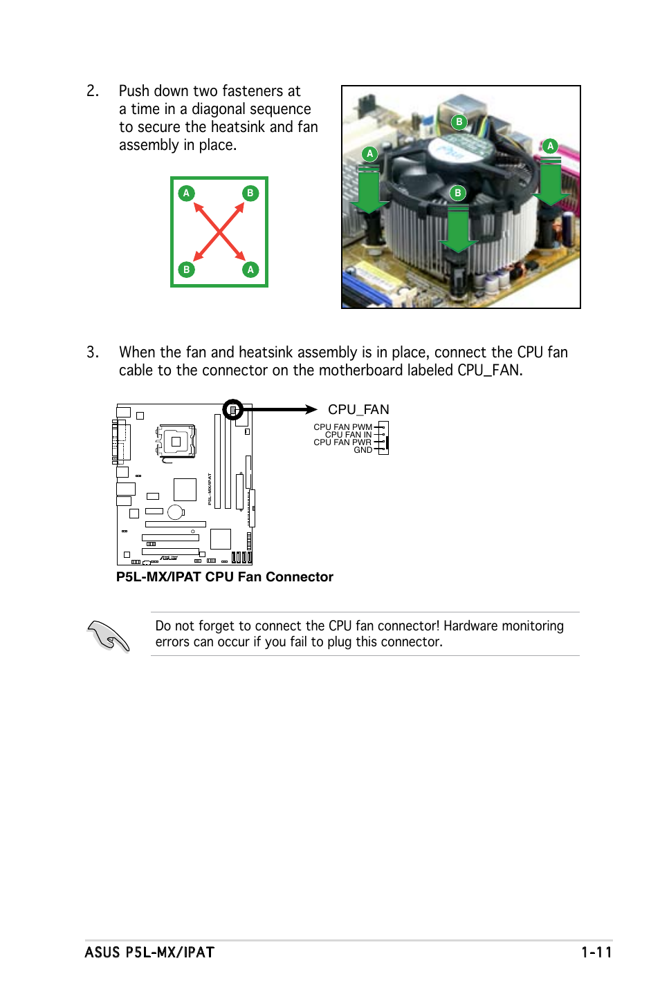 P5l-mx/ipat cpu fan connector cpu_fan | Asus P5L-MX/IPAT User Manual | Page 23 / 78