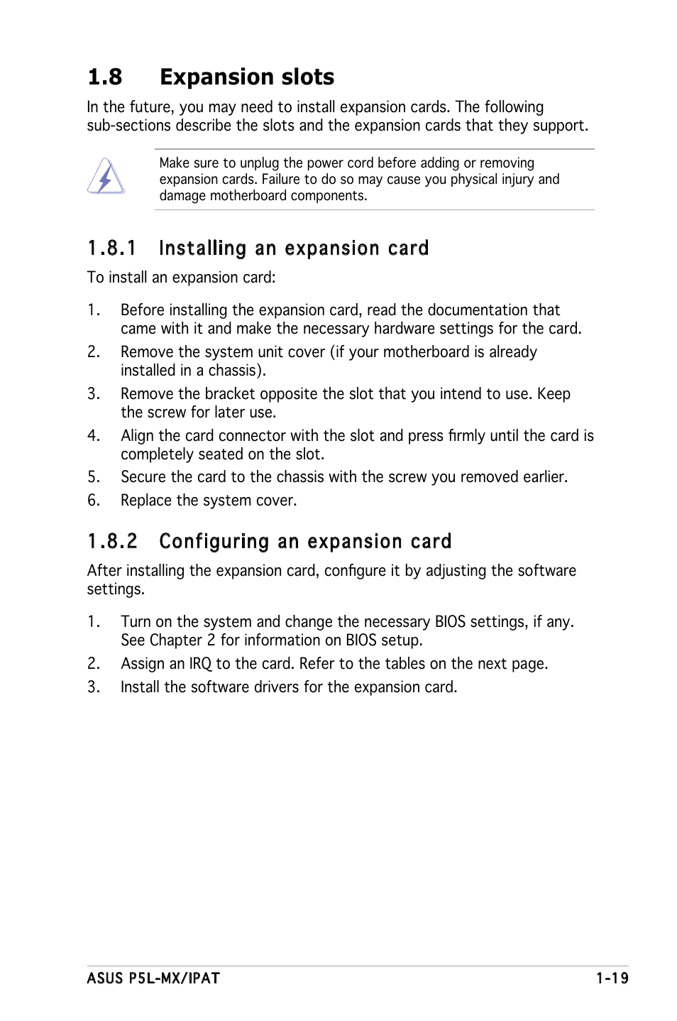 8 expansion slots, 1 installing an expansion card, 2 configuring an expansion card | Asus P5L-MX/IPAT User Manual | Page 31 / 78