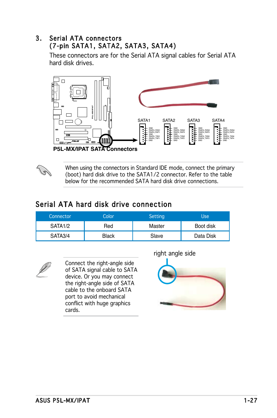 Serial ata hard disk drive connection, Right angle side, Asus p5l-mx/ipat 1-27 | P5l-mx/ipat, Sata connectors | Asus P5L-MX/IPAT User Manual | Page 39 / 78