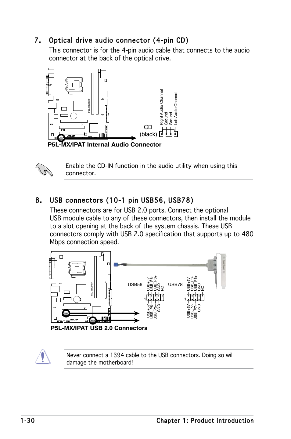 30 chapter 1: product introduction, P5l-mx/ipat internal audio connector cd (black), P5l-mx/ipat usb 2.0 connectors | Asus P5L-MX/IPAT User Manual | Page 42 / 78