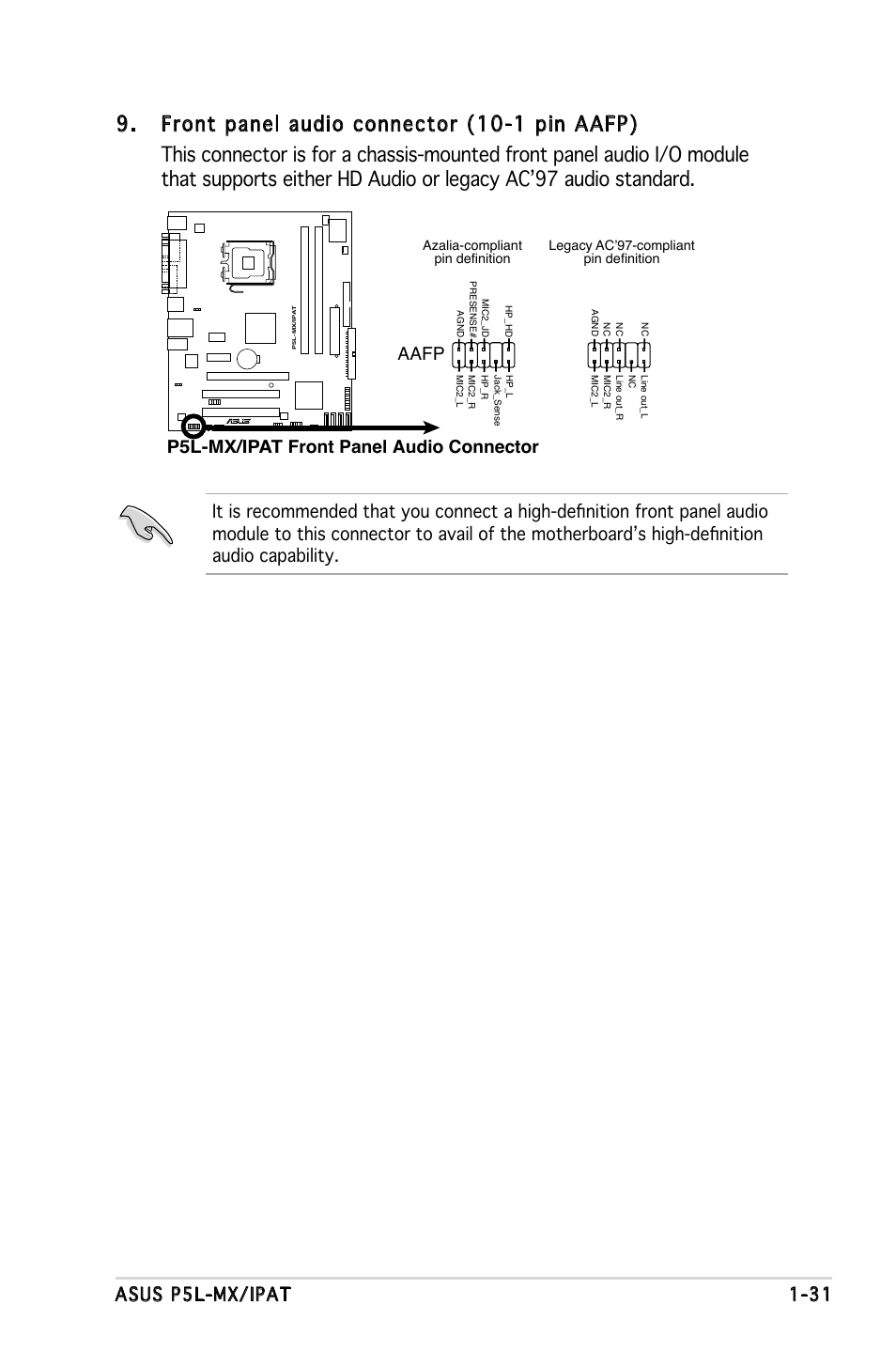 Asus p5l-mx/ipat 1-31, P5l-mx/ipat front panel audio connector, Aafp | Asus P5L-MX/IPAT User Manual | Page 43 / 78