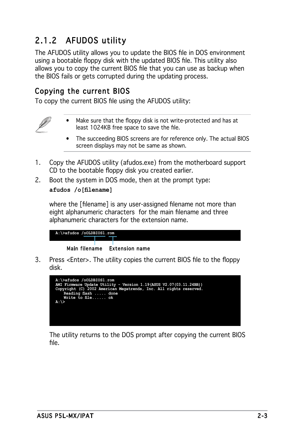 2 afudos utility, Copying the current bios | Asus P5L-MX/IPAT User Manual | Page 47 / 78