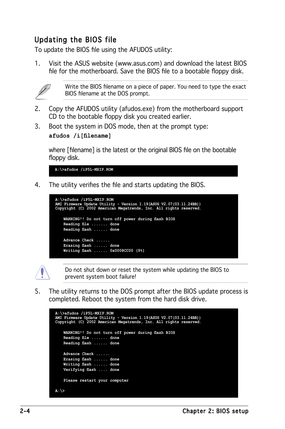 Updating the bios file | Asus P5L-MX/IPAT User Manual | Page 48 / 78