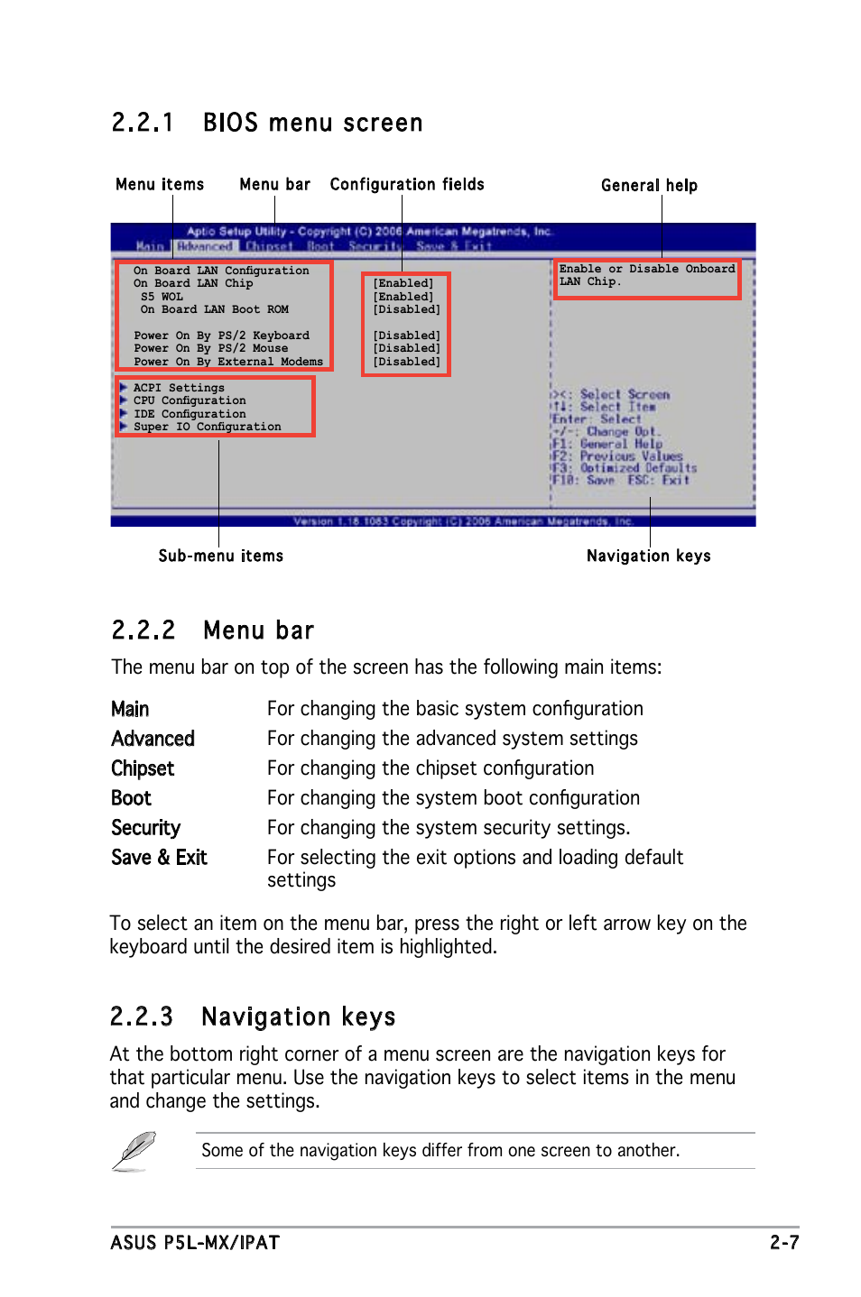 2 menu bar, 1 bios menu screen, 3 navigation keys | Asus P5L-MX/IPAT User Manual | Page 51 / 78