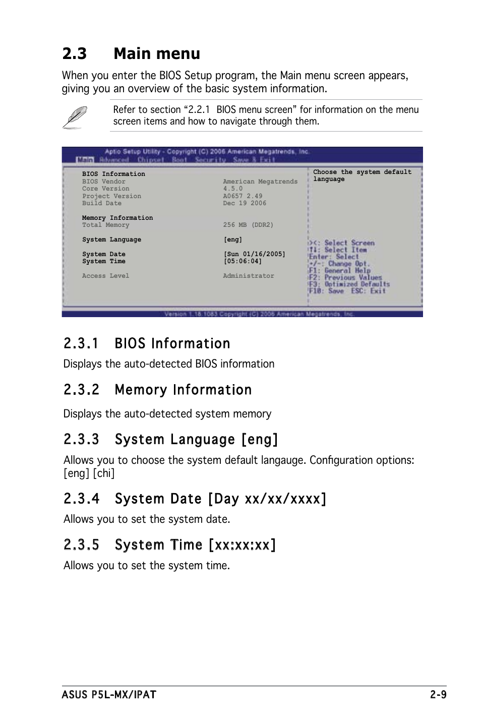 3 main menu, 1 bios information, 3 system language [eng | 5 system time [xx:xx:xx | Asus P5L-MX/IPAT User Manual | Page 53 / 78