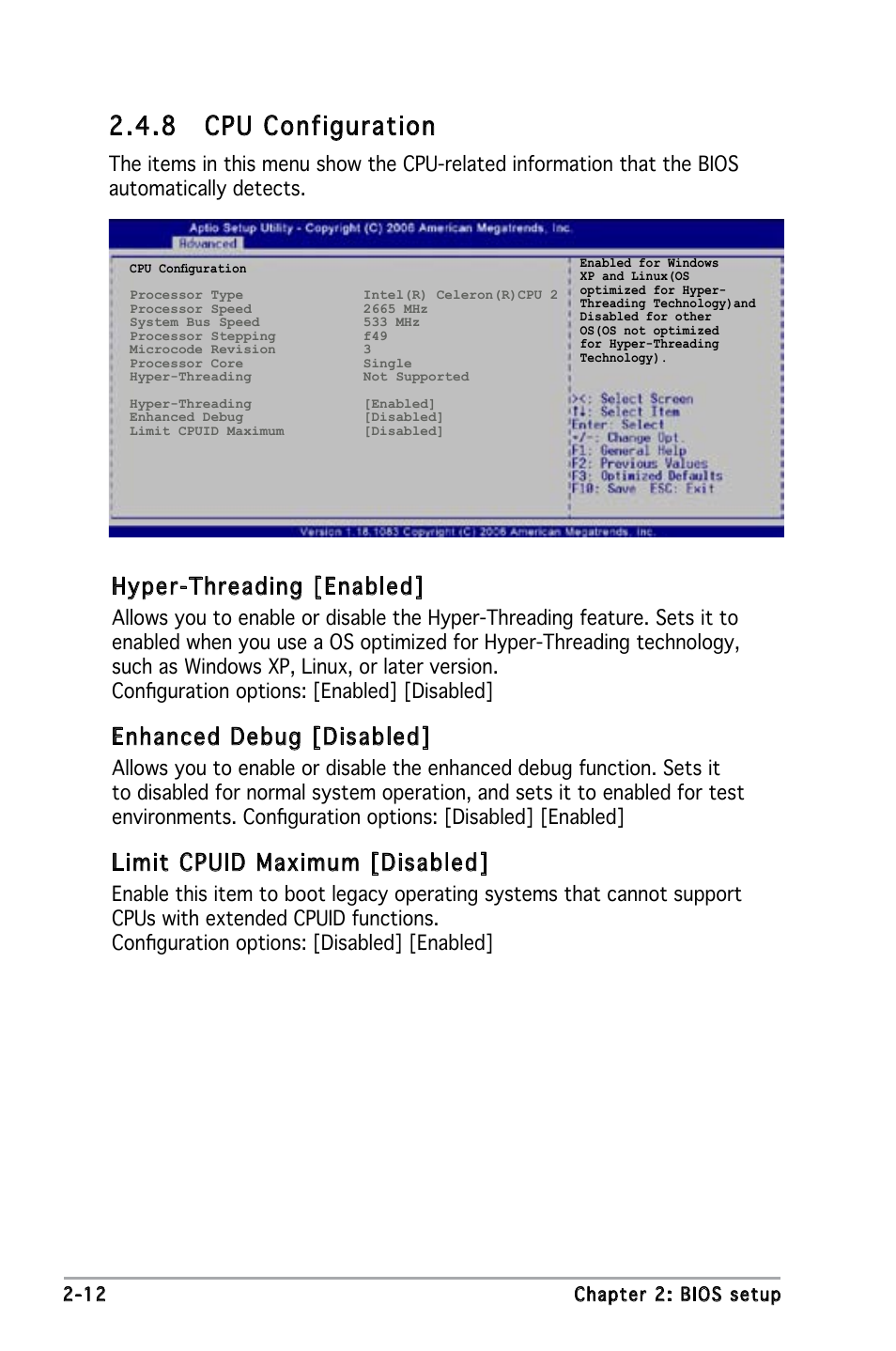 8 cpu configuration, Hyper-threading [enabled, Enhanced debug [disabled | Limit cpuid maximum [disabled | Asus P5L-MX/IPAT User Manual | Page 56 / 78