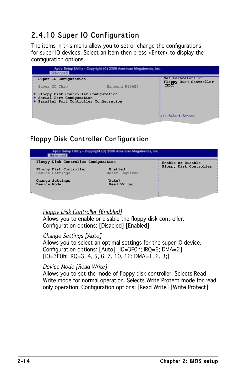 10 super io configuration, Floppy disk controller configuration | Asus P5L-MX/IPAT User Manual | Page 58 / 78