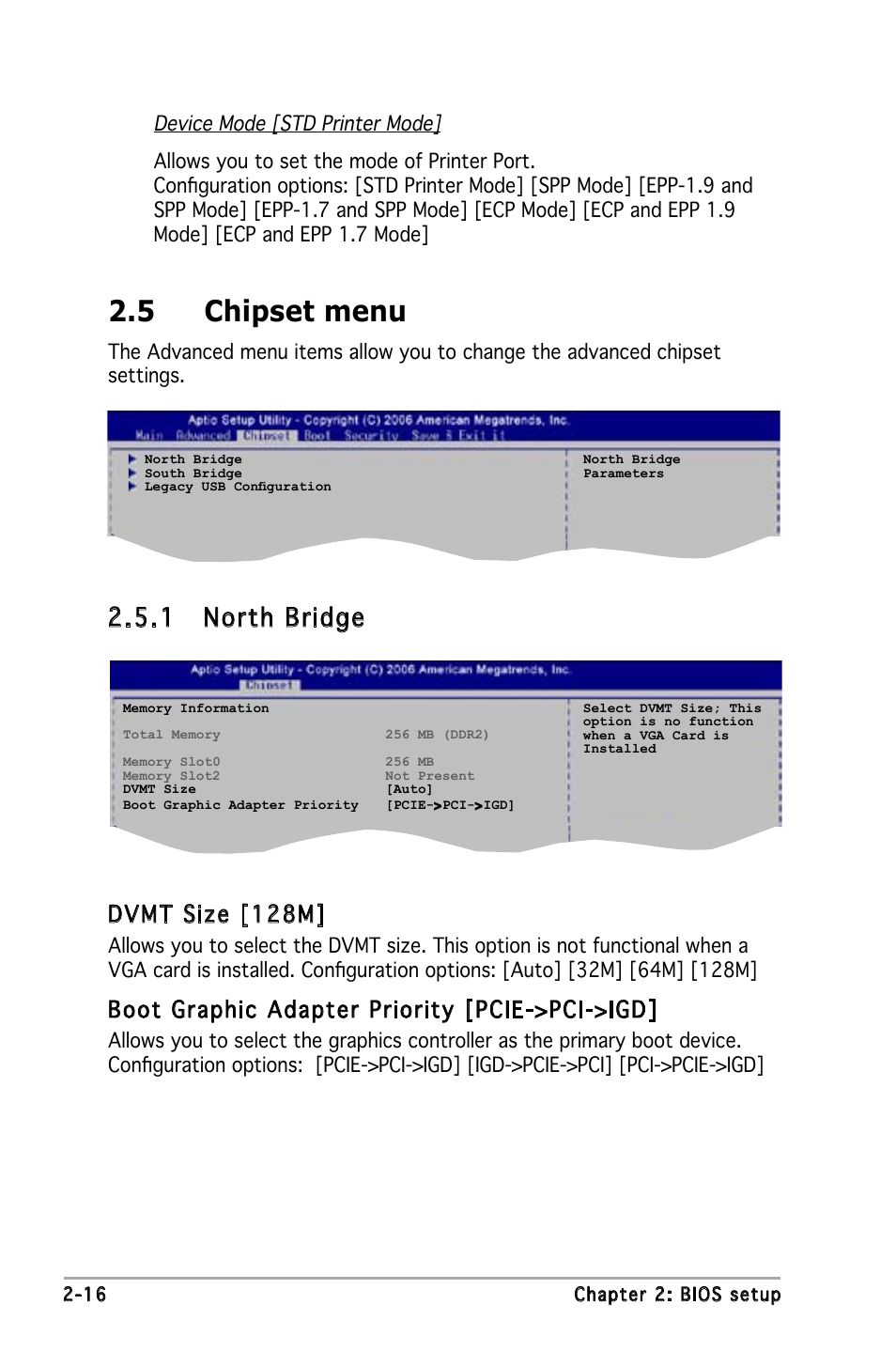 5 chipset menu, 1 north bridge, Dvmt size [128m | Boot graphic adapter priority [pcie->pci->igd | Asus P5L-MX/IPAT User Manual | Page 60 / 78