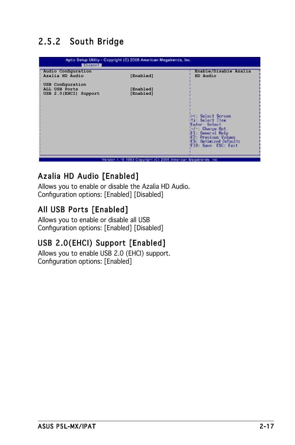 2 south bridge, Azalia hd audio [enabled, All usb ports [enabled | Usb 2.0(ehci) support [enabled | Asus P5L-MX/IPAT User Manual | Page 61 / 78