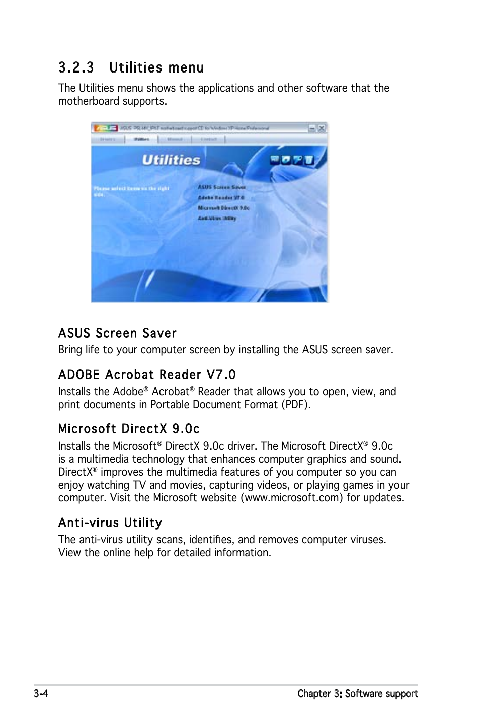 3 utilities menu, Asus screen saver, Adobe acrobat reader v7.0 | Microsoft directx 9.0c, Anti-virus utility | Asus P5L-MX/IPAT User Manual | Page 72 / 78