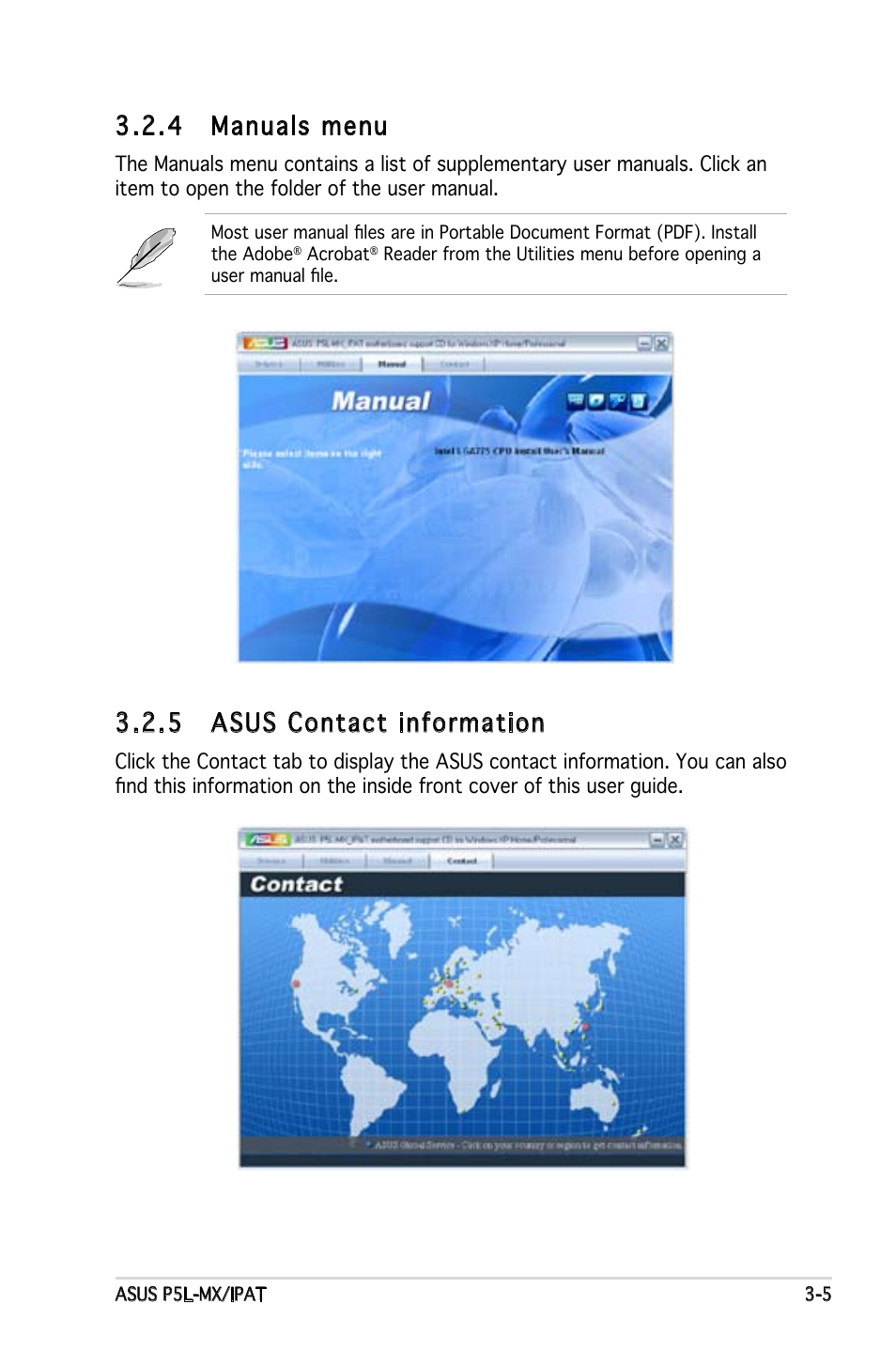 4 manuals menu, 5 asus contact information | Asus P5L-MX/IPAT User Manual | Page 73 / 78