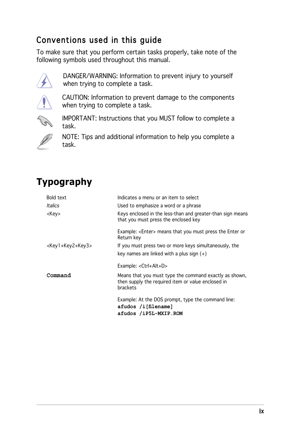 Typography, Conventions used in this guide | Asus P5L-MX/IPAT User Manual | Page 9 / 78