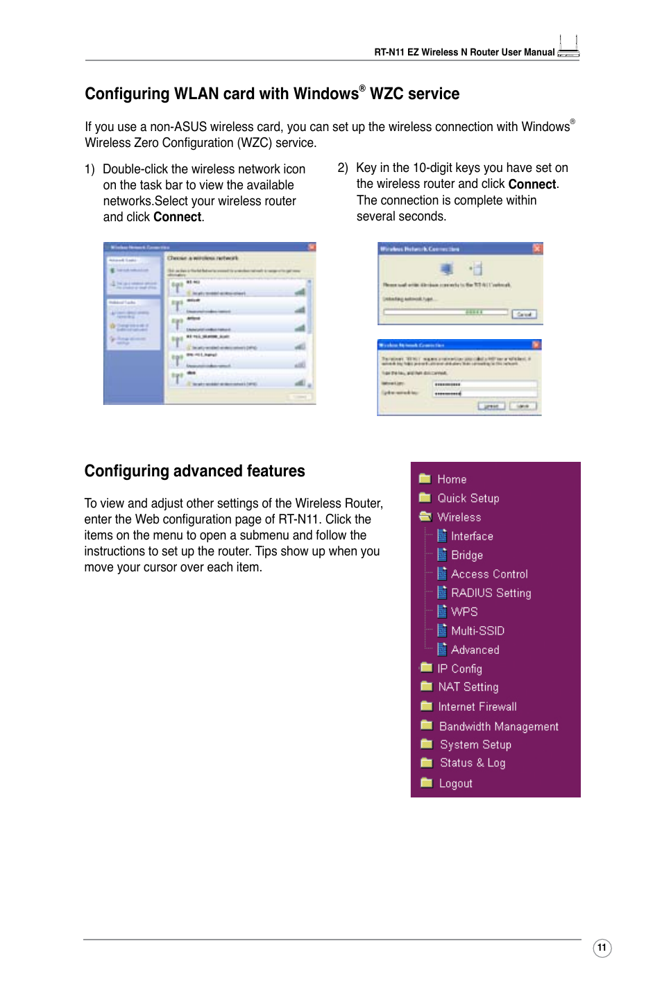 Configuring advanced features, Configuring wlan card with windows, Wzc service | Asus RT-N11 User Manual | Page 13 / 44