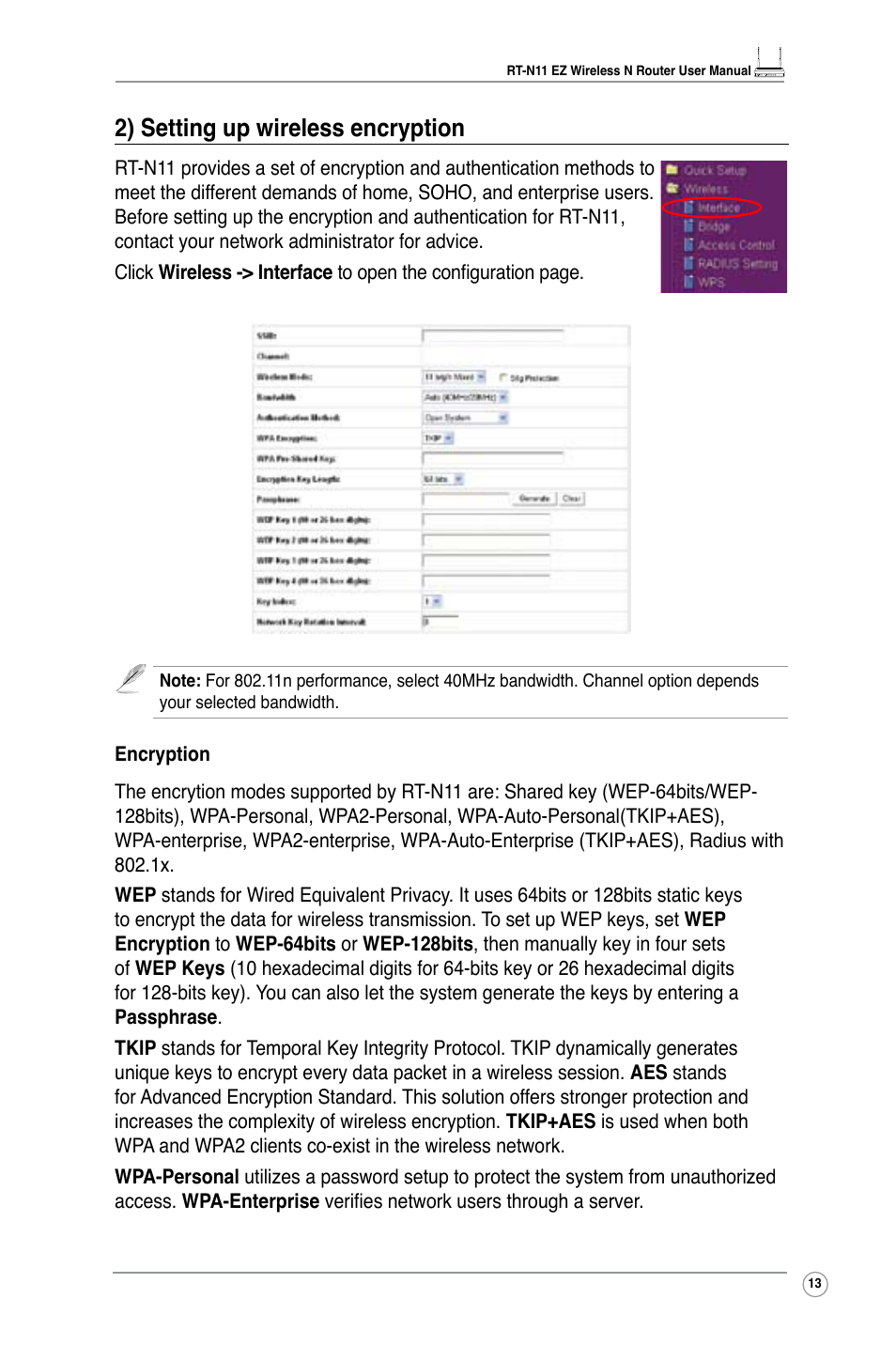 2) setting up wireless encryption | Asus RT-N11 User Manual | Page 15 / 44