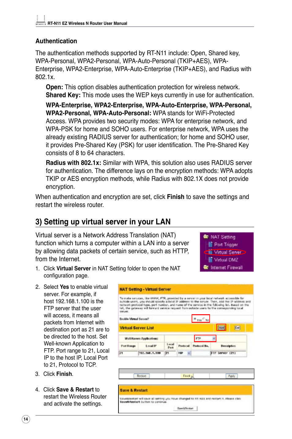 3) setting up virtual server in your lan | Asus RT-N11 User Manual | Page 16 / 44