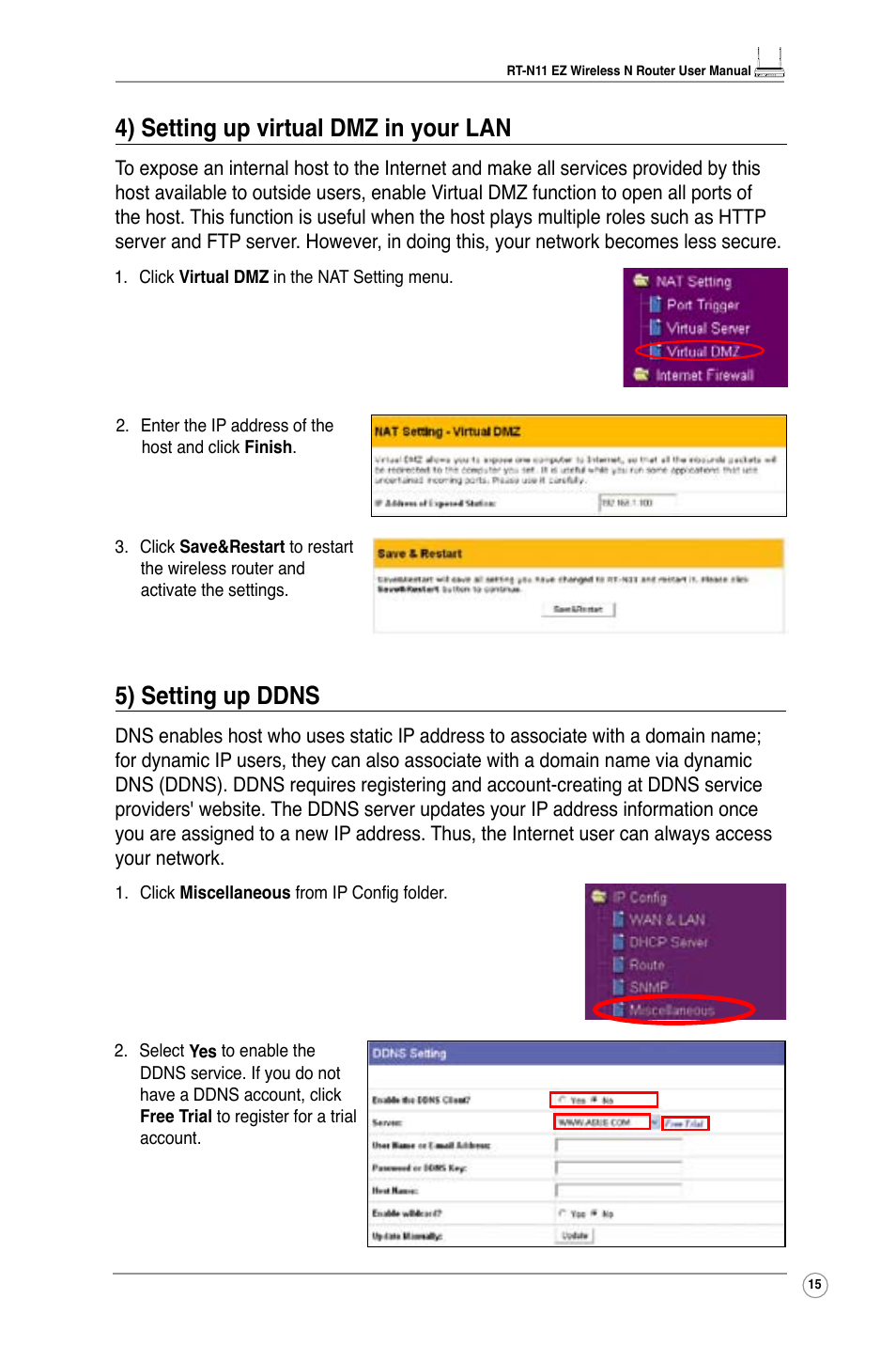 4) setting up virtual dmz in your lan, 5) setting up ddns | Asus RT-N11 User Manual | Page 17 / 44