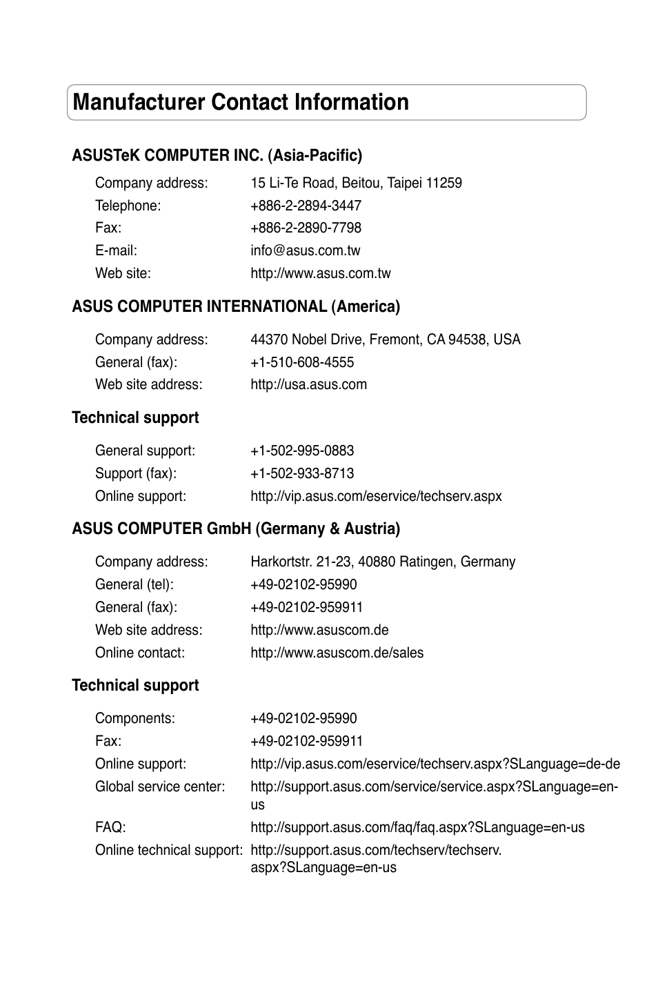 Manufacturer contact information | Asus RT-N11 User Manual | Page 2 / 44