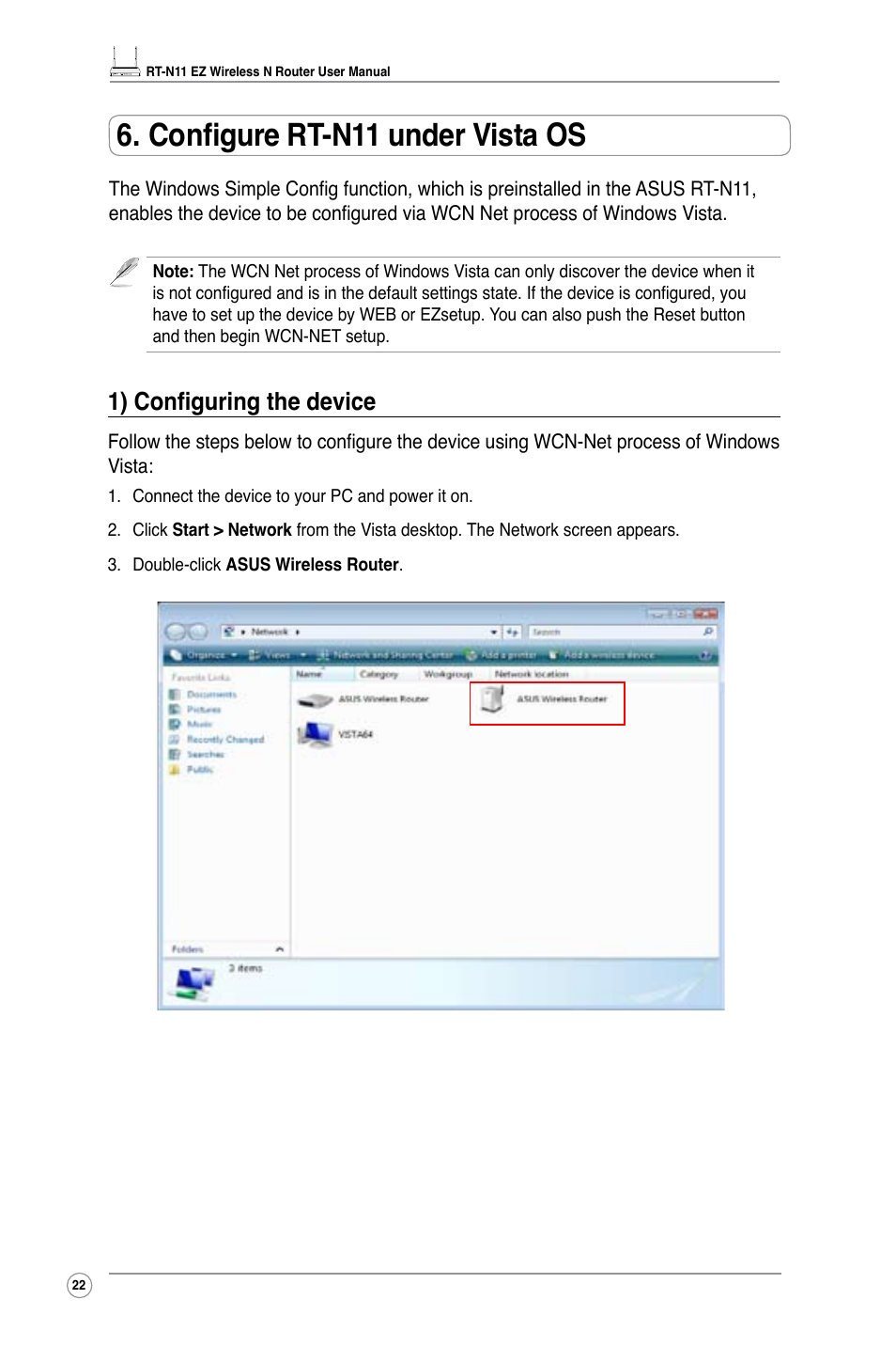 Configure rt-n11 under vista os, 1) configuring the device | Asus RT-N11 User Manual | Page 24 / 44