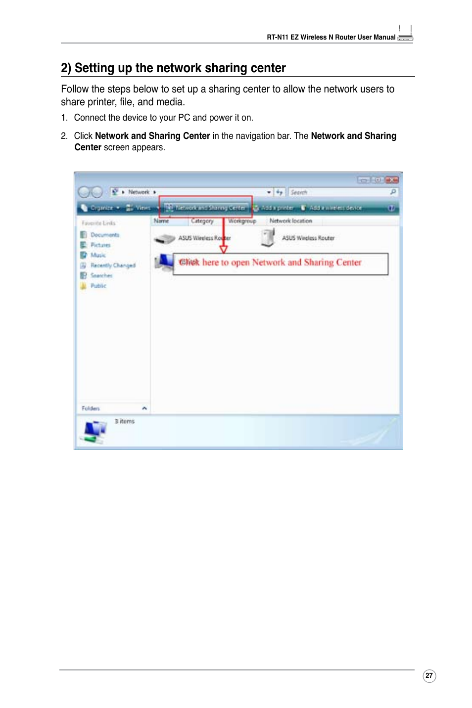 2) setting up the network sharing center | Asus RT-N11 User Manual | Page 29 / 44