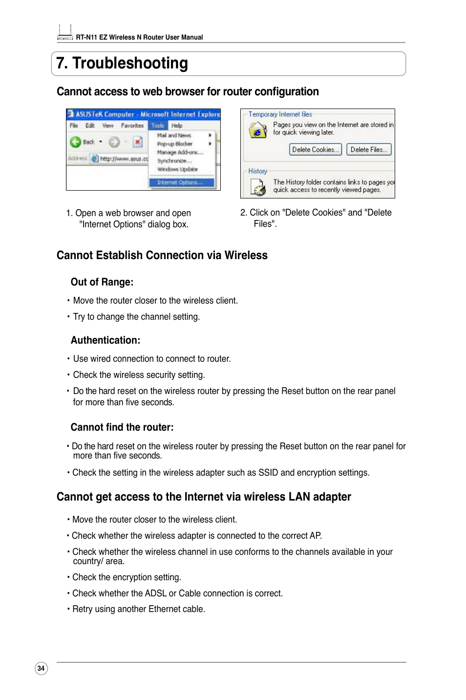 Troubleshooting, Cannot establish connection via wireless | Asus RT-N11 User Manual | Page 36 / 44