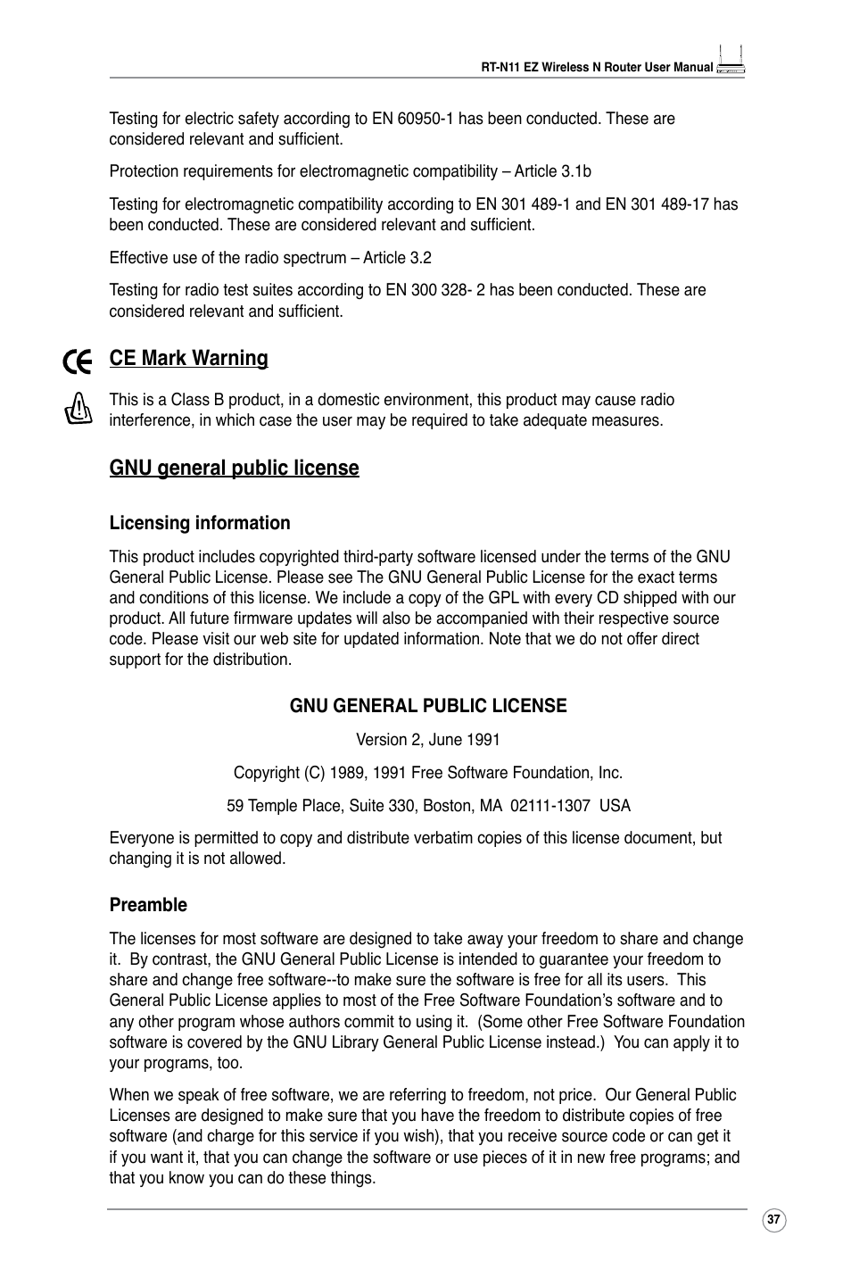 Ce mark warning, Gnu general public license | Asus RT-N11 User Manual | Page 39 / 44