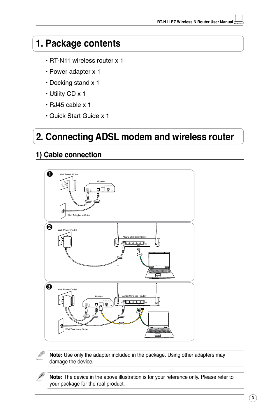 Package contents, Connecting adsl modem and wireless router, 1) cable connection | Asus RT-N11 User Manual | Page 5 / 44