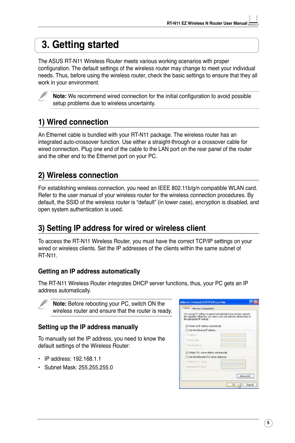 Getting started, 1) wired connection, 2) wireless connection | 3) setting ip address for wired or wireless client | Asus RT-N11 User Manual | Page 7 / 44